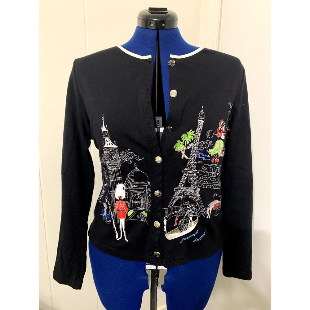 MCX Signature Cardigan Women Medium Button Up Black Embroidered Artsy Vacation